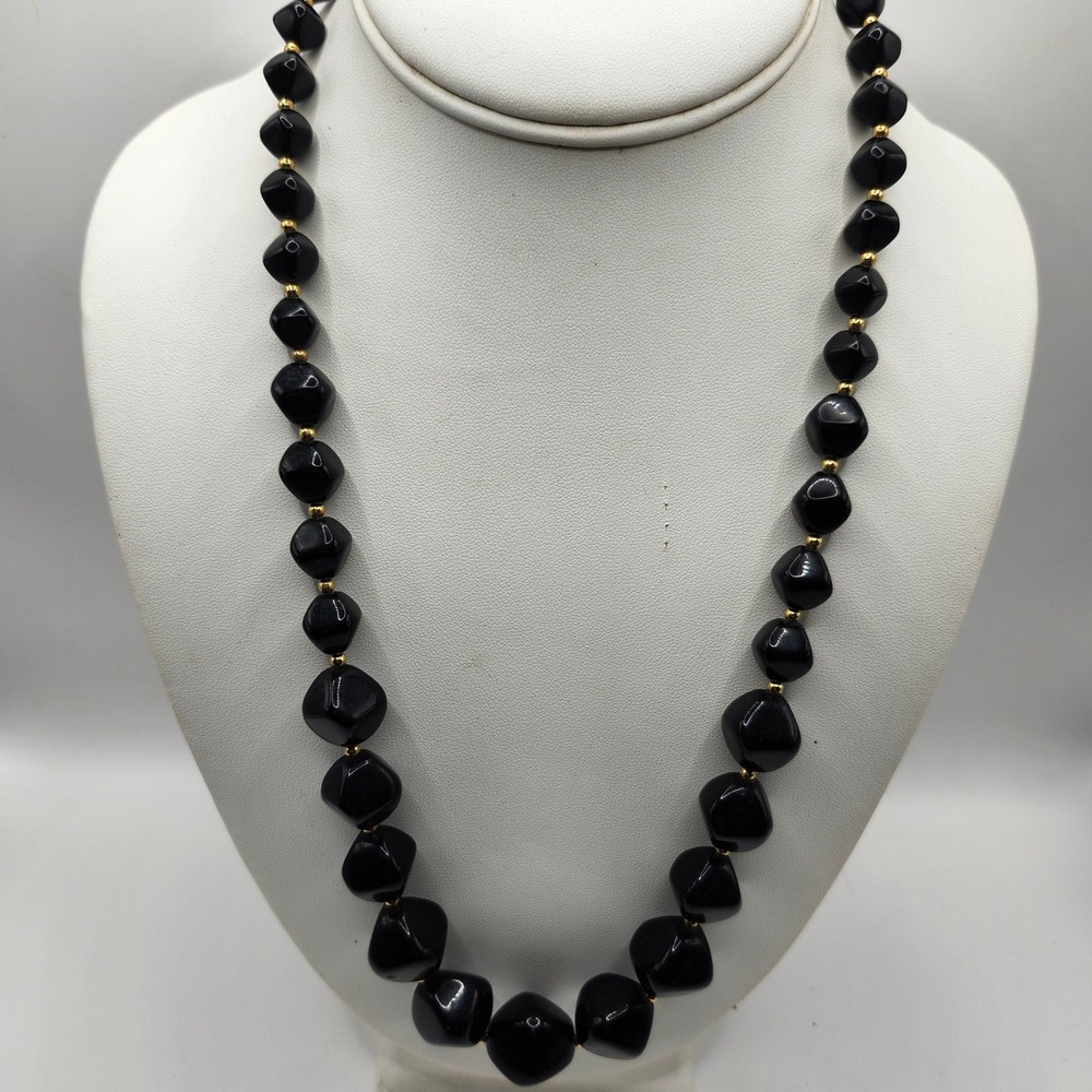 Avon Vintage Black Geometric Bead Necklace‎ Gold Tone Accents Costume Jewelry